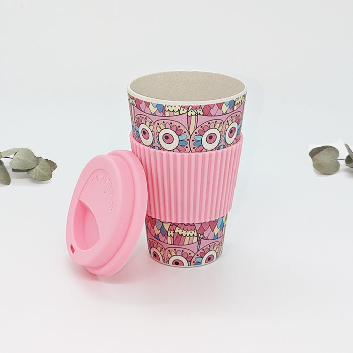 400ml Reusable Bamboo Travel Coffee Mug - Pink Owl