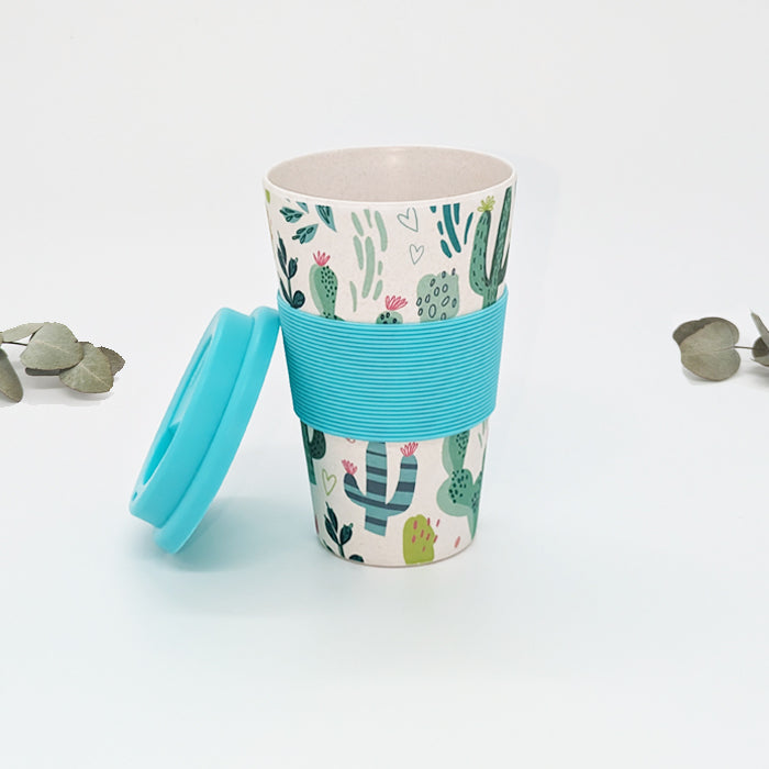 400ml Reusable Bamboo Travel Coffee Mug - Blue Cactus